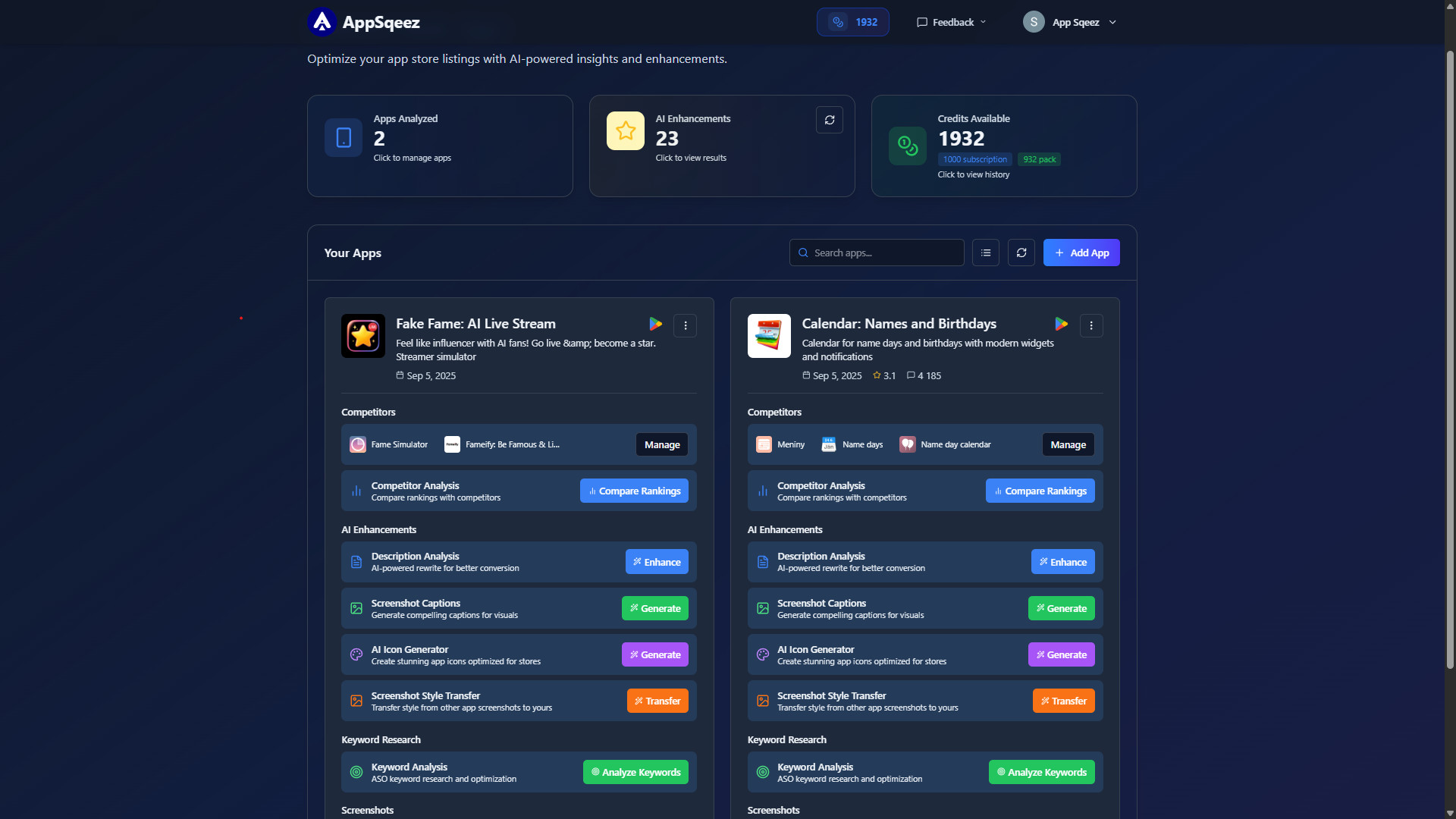 AppSqeez web app dashboard screenshot showing AI app store optimization tools