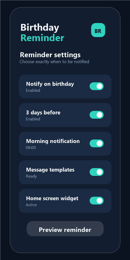 Birthday Reminder app screenshot showing notification settings and reminder options