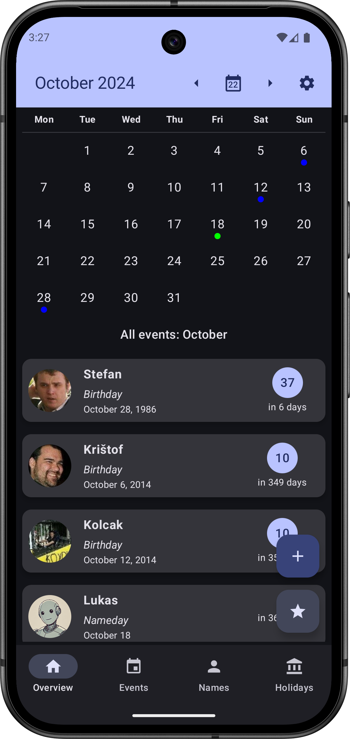 Important Dates app showing a calendar view with various events marked.