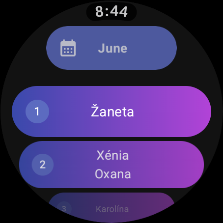 Namedays app showing the calendar view with namedays marked.