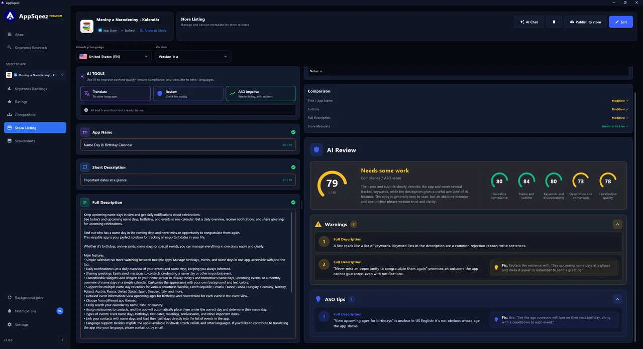 AppSqeez store listing editor with an AI review of the listing