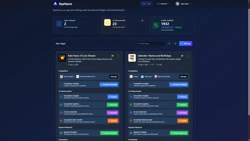 AppSqeez web app dashboard screenshot showing AI app store optimization tools