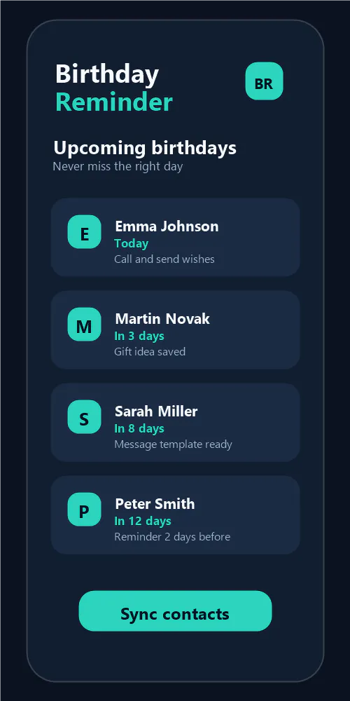 Birthday Reminder app screenshot showing a calendar view with upcoming birthdays highlighted