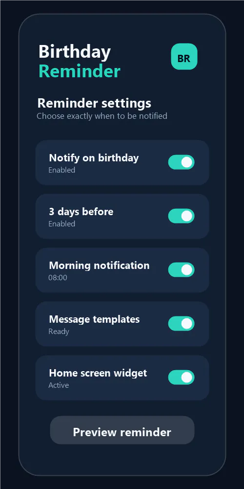 Birthday Reminder app screenshot showing notification settings and reminder options