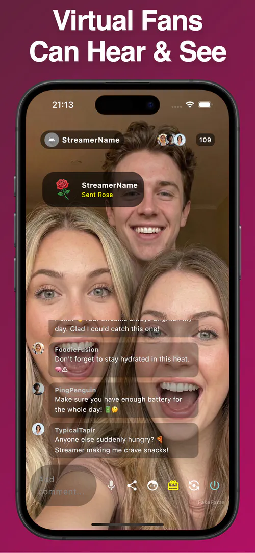 FakeFame app screenshot showing a fake live stream with AI viewer chat
