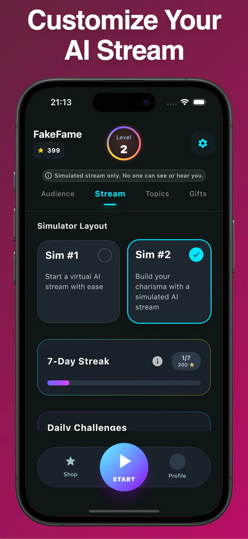 FakeFame app screenshot showing stream customization options and audience controls