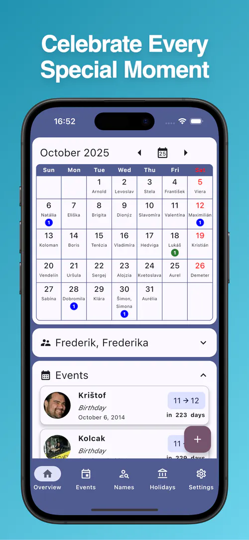 Important Dates app showing a calendar view with various events marked