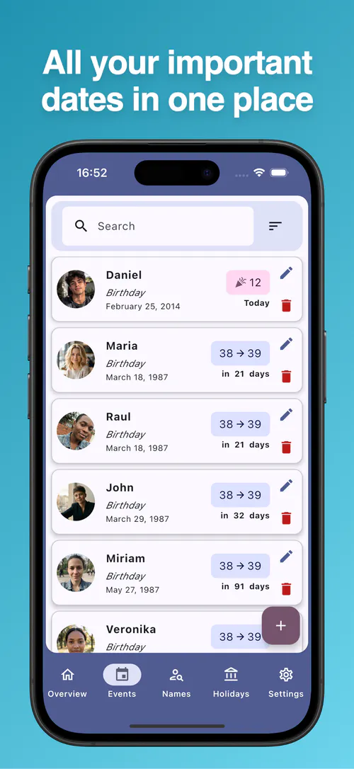Important Dates app displaying event details and reminder information