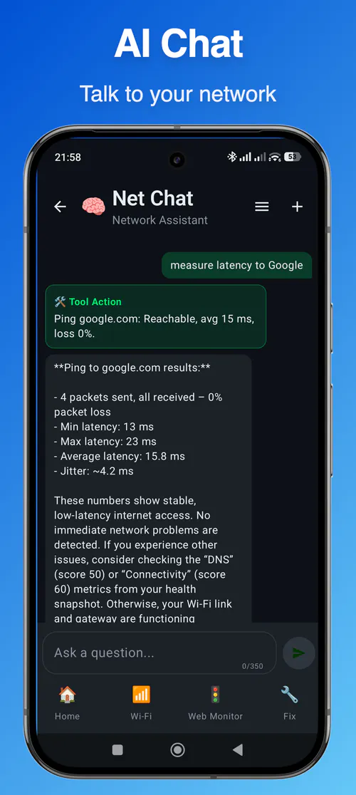Network Analyzer screenshot showing traceroute or advanced network troubleshooting tools